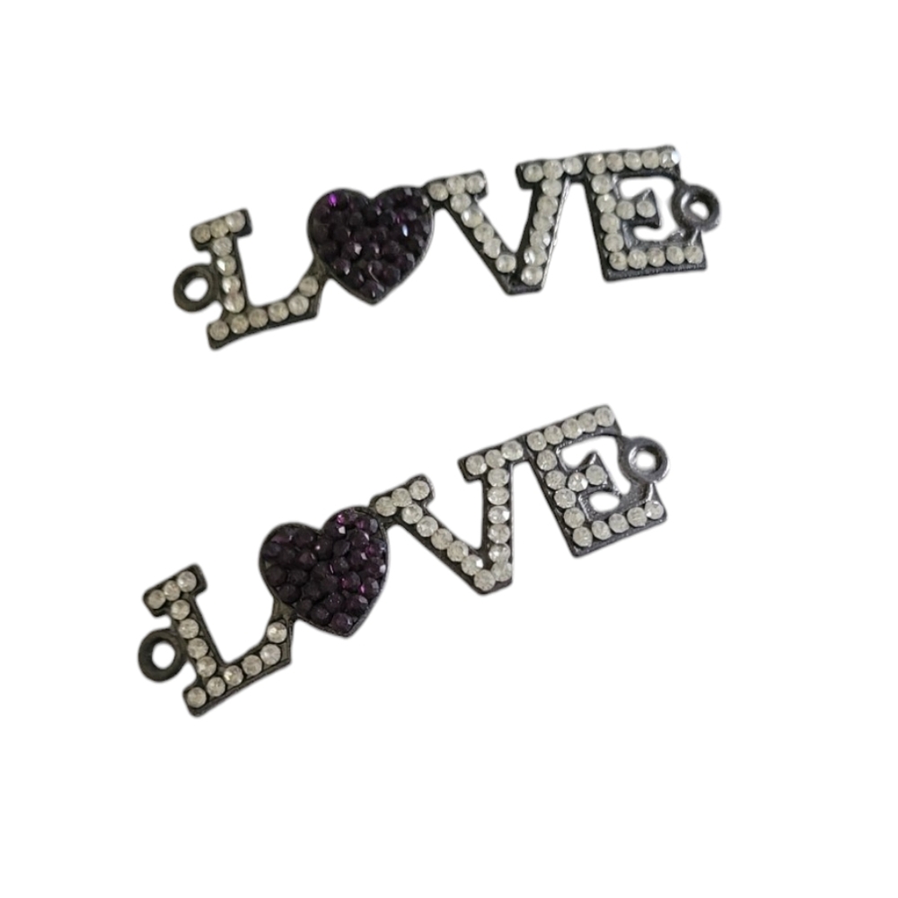 2pc LOVE Gunmetal with Crystal & Purple Rhinestones Connector Charm for Jewelry